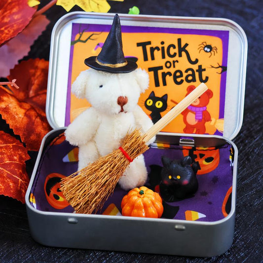 🎃🧸 Cute Halloween Teddy Bear in a Box with Wizard Hat, Blanket, Broom, Pumpkin & Cat 🌟👻
