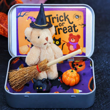 🎃🧸 Cute Halloween Teddy Bear in a Box with Wizard Hat, Blanket, Broom, Pumpkin & Cat 🌟👻