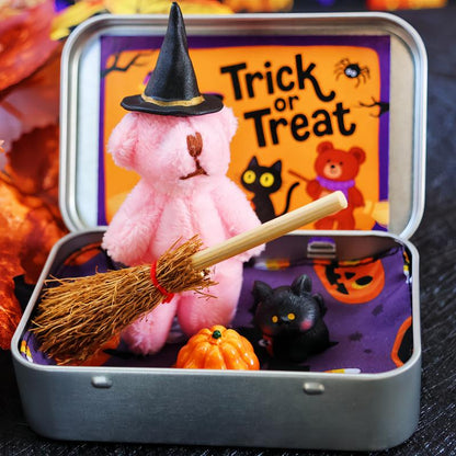 🎃🧸 Cute Halloween Teddy Bear in a Box with Wizard Hat, Blanket, Broom, Pumpkin & Cat 🌟👻
