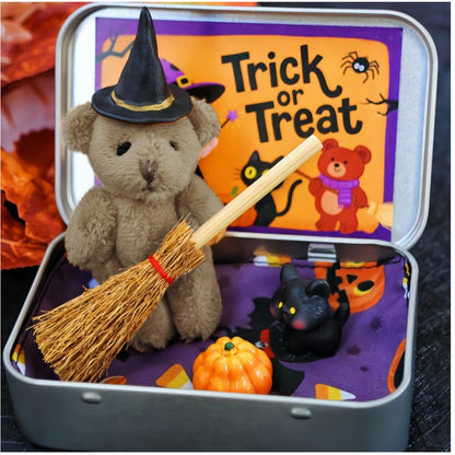 🎃🧸 Cute Halloween Teddy Bear in a Box with Wizard Hat, Blanket, Broom, Pumpkin & Cat 🌟👻