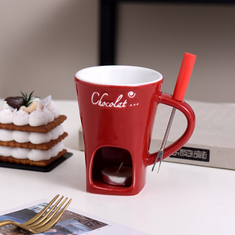 Ceramic Fondue Set – Chocolate, Cheese & Butter Melting Pot with Fork and Tealight Candle