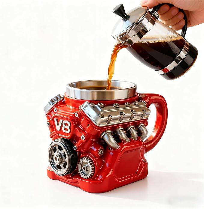 "The Mechanical Heart" | 3D V8 Engine Piston Mug - Hardcore Gearhead Insulated Coffee Cup