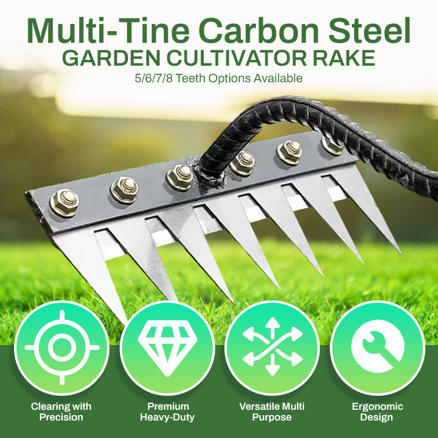 🌱 Multi-Tine Carbon Steel Garden Cultivator Rake That Breaks Tough Soil With Less Effort